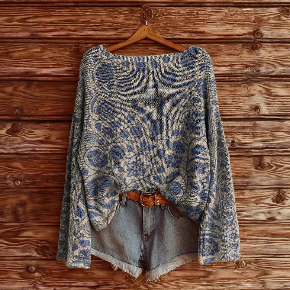 Women's Printed Loose Retro Long-sleeved Brushed Top