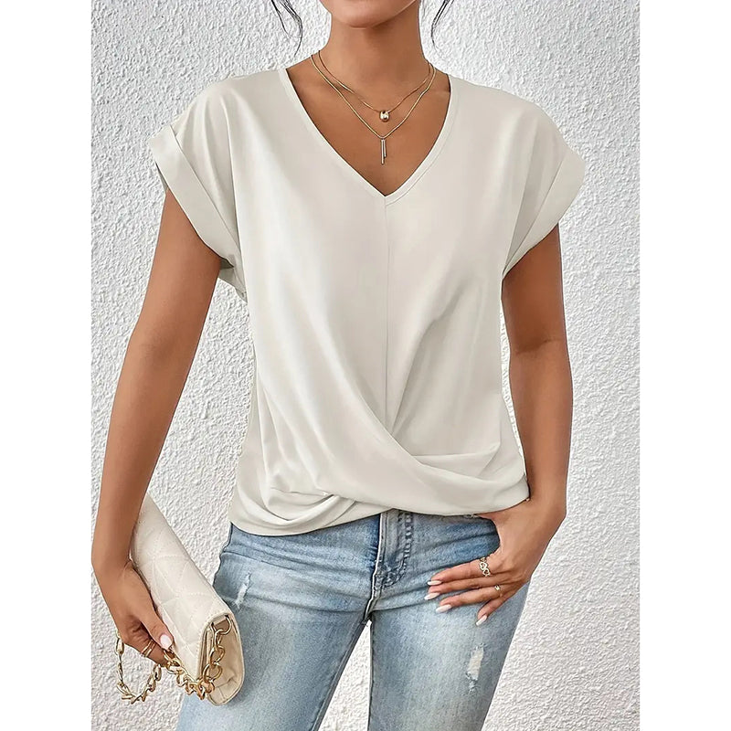 Women's Comfy Casual Summer Tops Short Sleeve V Neck Blouses T Shirts Twist Knot Basic Tees