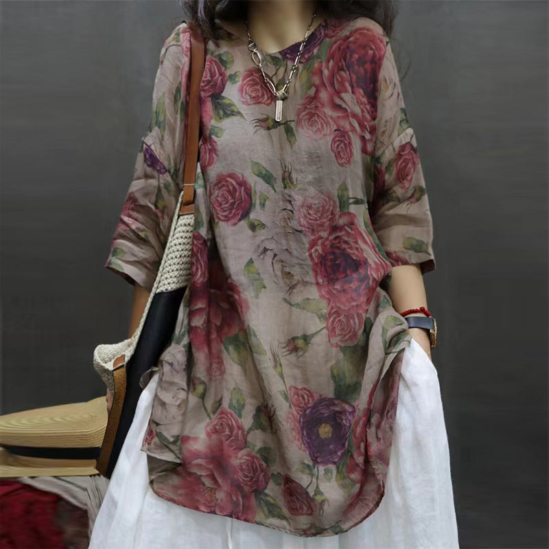 Women's Soft Printed Mid-Sleeve Top Casual Round Neck Tunic For Spring And Summer