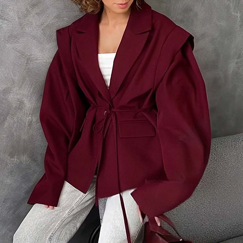 Women's Waist Tie Blazer - Elegant Business Casual Solid Color Jacket For Fall Winter Office