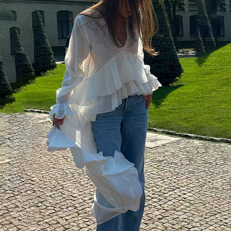 Women's Solid Long Sleeve Blouse, V Neck High Low Shirt With Irregular Ruffles, Asymmetrical Hem Office Party Tops