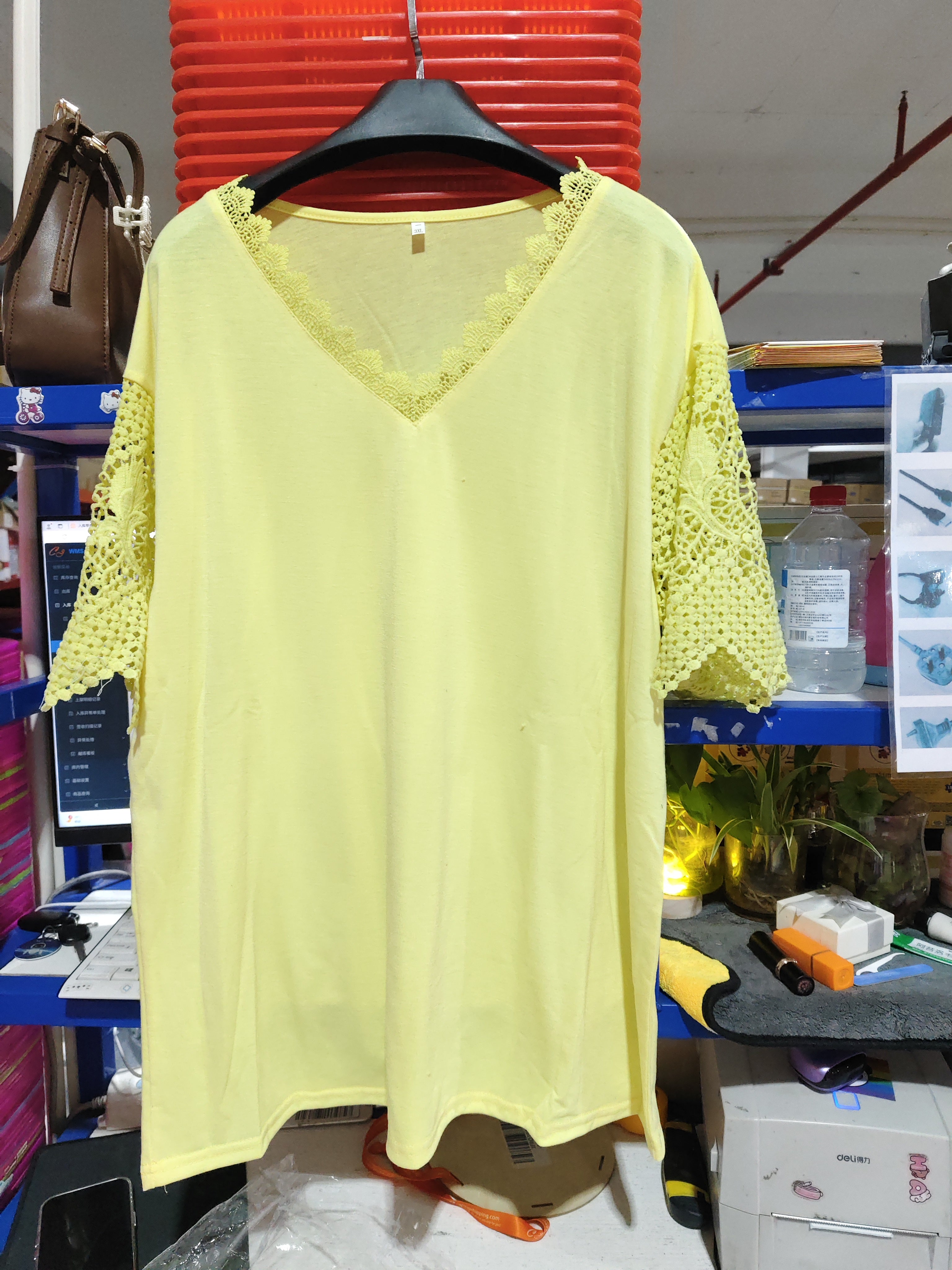 Lace Paneled Loose V-Neck Short Sleeves For Women