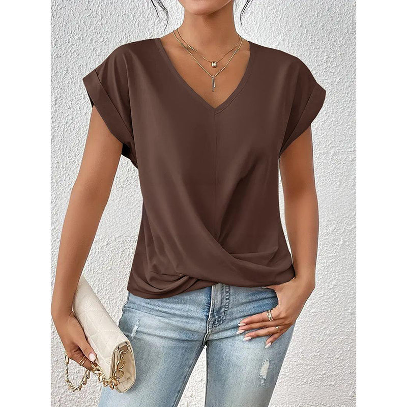 Women's Comfy Casual Summer Tops Short Sleeve V Neck Blouses T Shirts Twist Knot Basic Tees