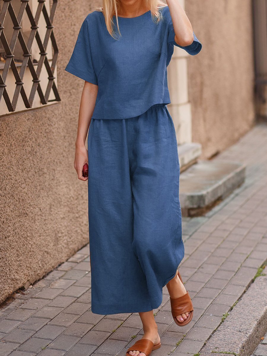 European And American Women's Linen Casual Loose Solid Color Suit Two-piece Women