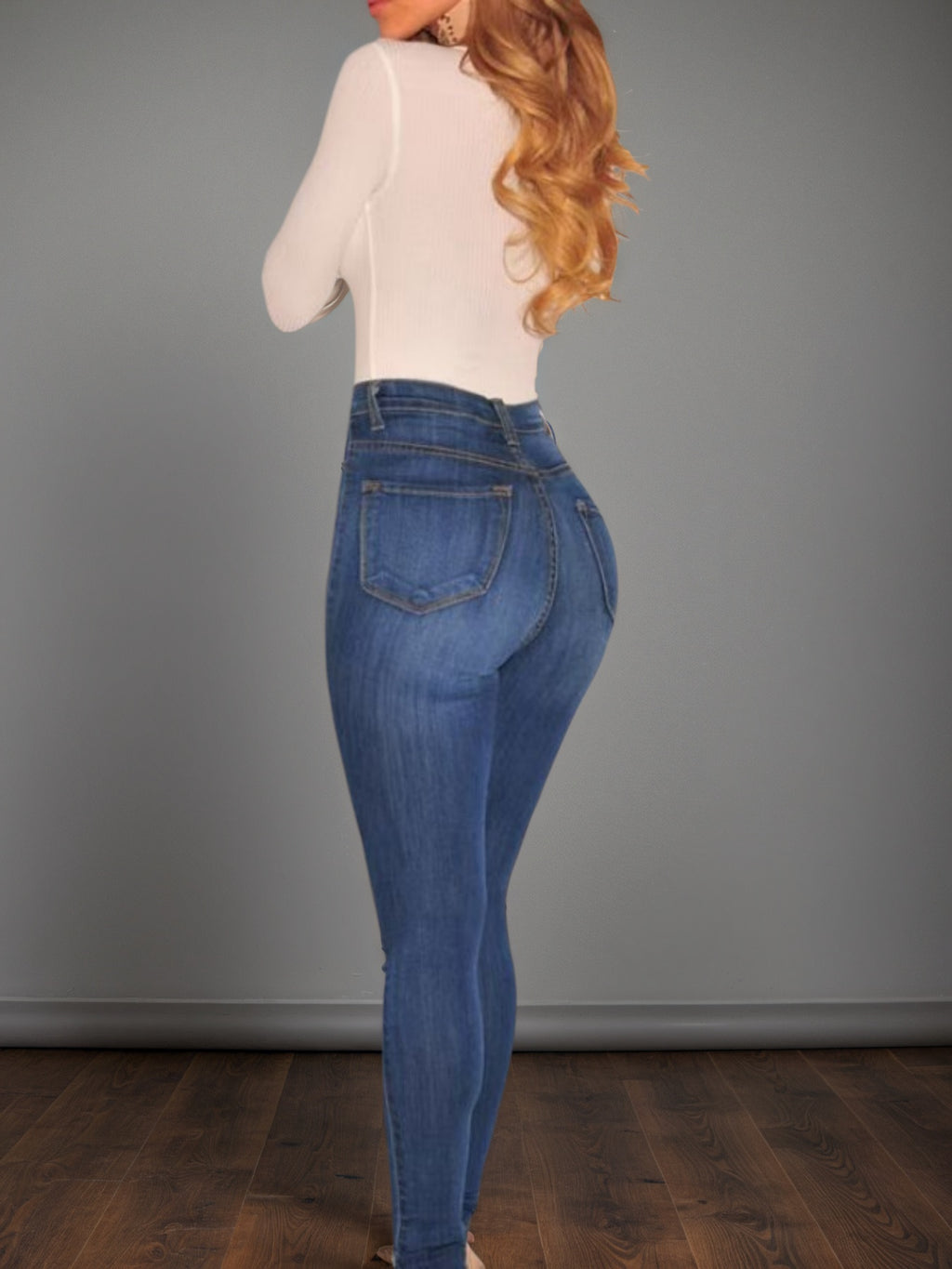 Women's Mid Blue High Waisted Buckle Tight Jeans Are Comfortable To Wear. High Waist Design, Buckle Design Adds A Sense Of Fashion,