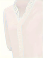 Pure Color Ruffle Hemline Shirt, Casual V-neck Long Sleeve Shirt.