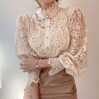 Elegant Women's Vintage Pearl Button Lace Blouse - Puff Sleeve Semi-Sheer Ruffled Stand Collar Shirt Spring&Summer Office & Vacation Top