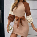 Women's Color Block Sweater Midi Dress - Fall Long Sleeve Bodycon Dress With Tie Waist