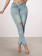 Tear Washed Denim Jeans, Women's Slim Fit Small Foot Design Slim Fit Denim Leggings, Equipped With A Beautiful Waist Belt