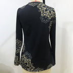 Women's Elegant Floral Print V-Neck Long Sleeve T-Shirt With Zip Detail - Slim Fit Casual Top For Spring&Fall