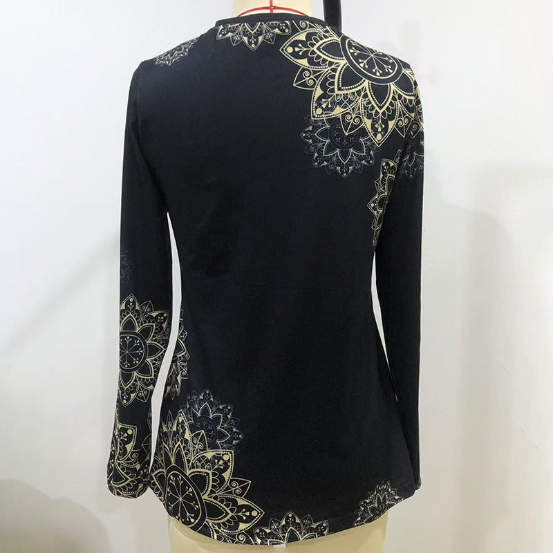 Women's Elegant Floral Print V-Neck Long Sleeve T-Shirt With Zip Detail - Slim Fit Casual Top For Spring&Fall