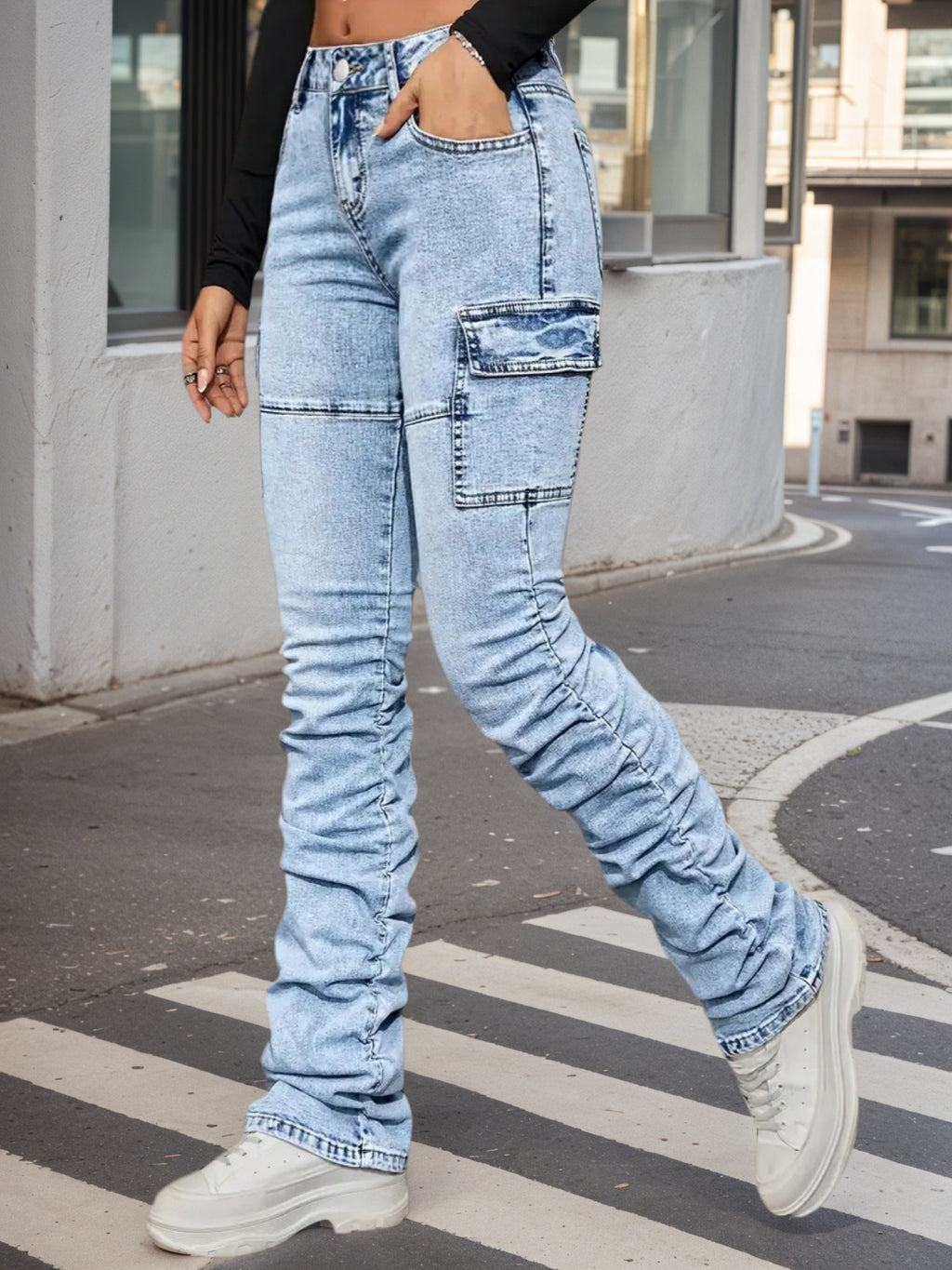Women's High Waisted Elastic Blended Jeans With Machine Washable Side Pockets. They Have A Casual Street Style, Versatile Throughout The Year, Comfortable And Stylish.