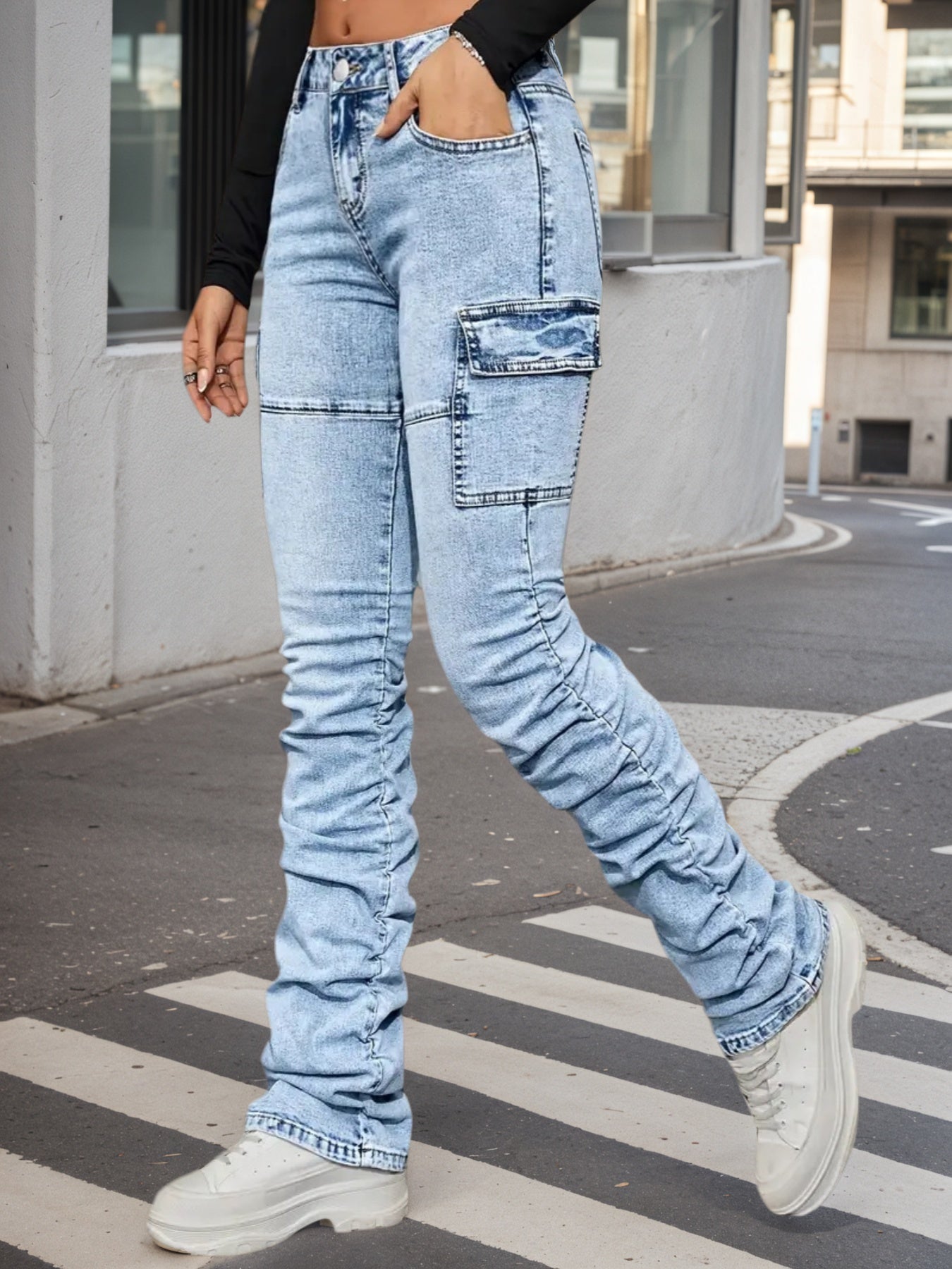 Women's High Waisted Elastic Blended Jeans With Machine Washable Side Pockets. They Have A Casual Street Style, Versatile Throughout The Year, Comfortable And Stylish.