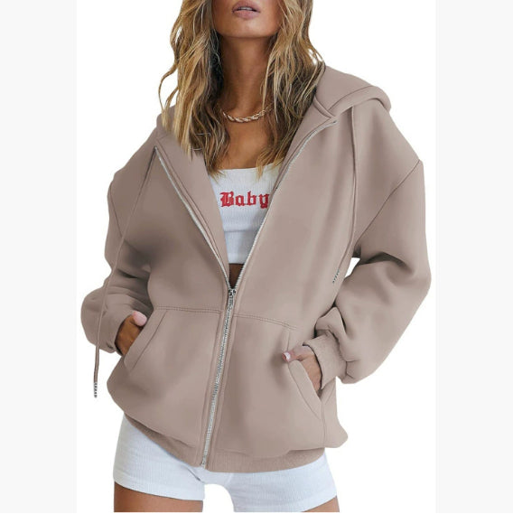 Women's Fashion Casual Solid Color Drawstring Zipper Hooded Sweatshirt