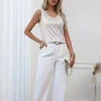 Women's Solid Color Sequin Sleeveless Top, V-Neck Sparkling Party Blouse For Casual And Evening Wear