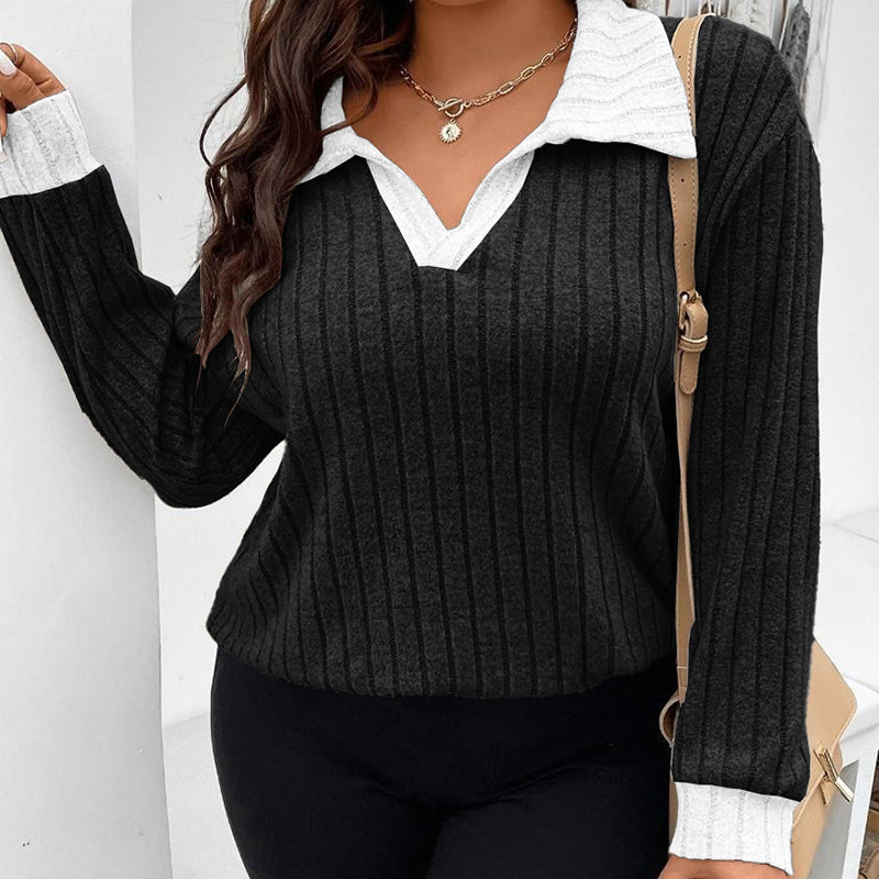 Plus Size Lapel V-Neck Top, Lightweight Long Sleeve Casual Going Out Blouse