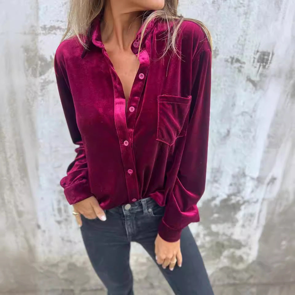 Women's Velvet Long-sleeved Single-breasted Shirt Casual Lapel Long Sleeve Solid Color Tops Daily Wear