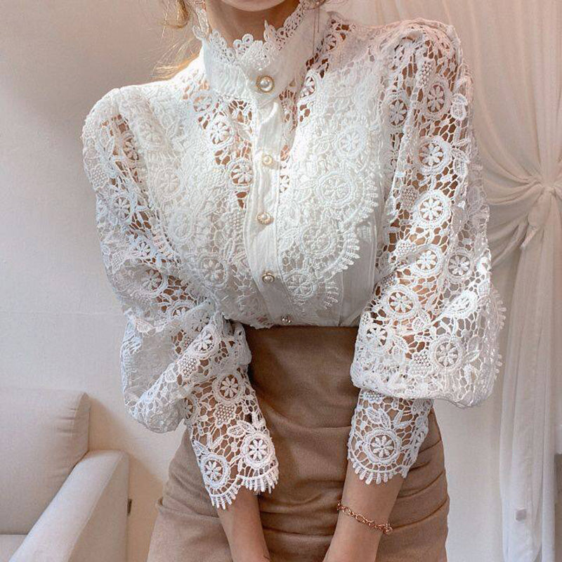Elegant Women's Vintage Pearl Button Lace Blouse - Puff Sleeve Semi-Sheer Ruffled Stand Collar Shirt Spring&Summer Office & Vacation Top