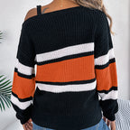 Women's Cold Shoulder Sweater - Fall Color Block Long Sleeve Pullover