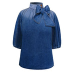 Women's Denim Puff Sleeve Top Solid Color Stand Collar Blouse With Bow Detail For Spring And Fall