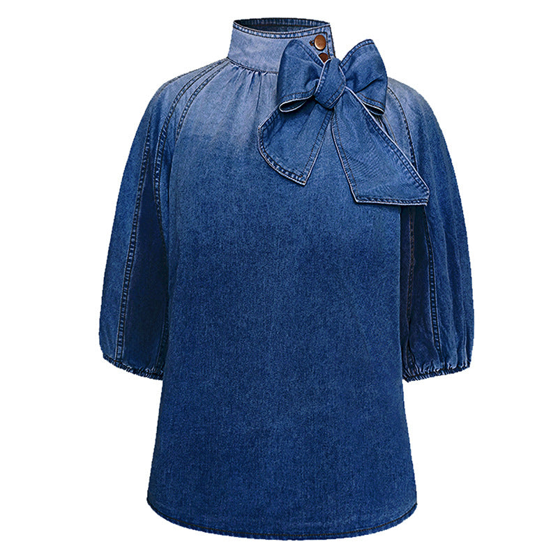 Women's Denim Puff Sleeve Top Solid Color Stand Collar Blouse With Bow Detail For Spring And Fall