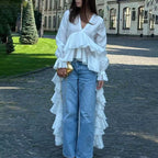 Women's Solid Long Sleeve Blouse, V Neck High Low Shirt With Irregular Ruffles, Asymmetrical Hem Office Party Tops