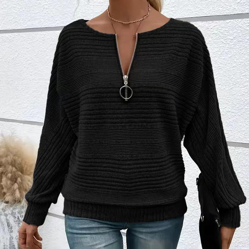 Women's Elegant Batwing Sleeve Half-Zip Top, Ribbed Texture Pullover For Casual To Formal Autumn Winter Wear