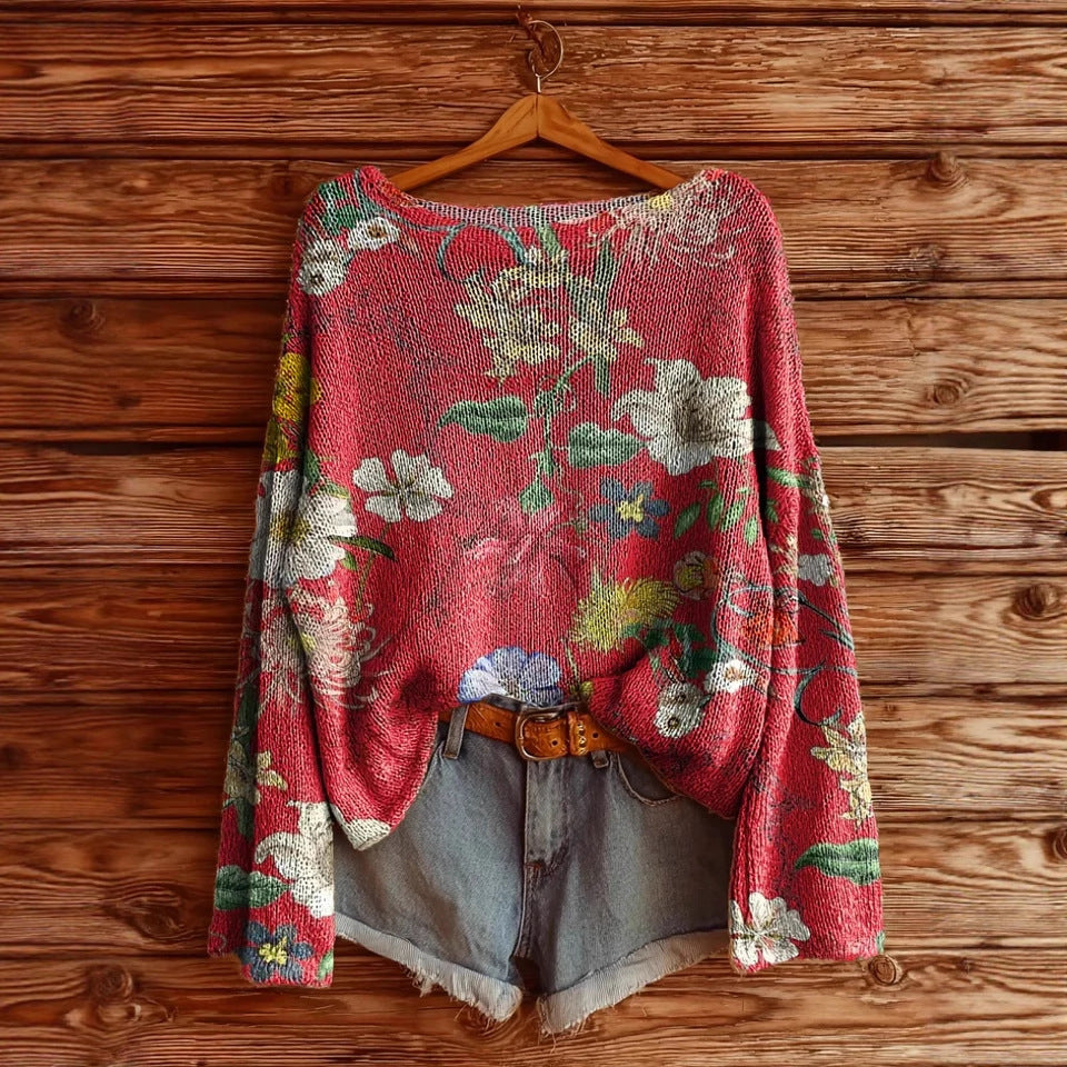 Women's Printed Loose Retro Long-sleeved Brushed Top