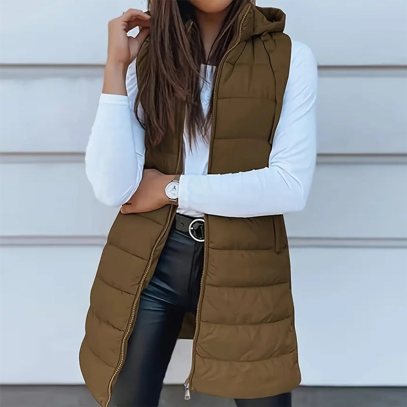 Women's Solid Color Sleeveless Hooded Vest, Mid-Length Zip-Front Waistcoat With Pockets For Spring And Fall Layering