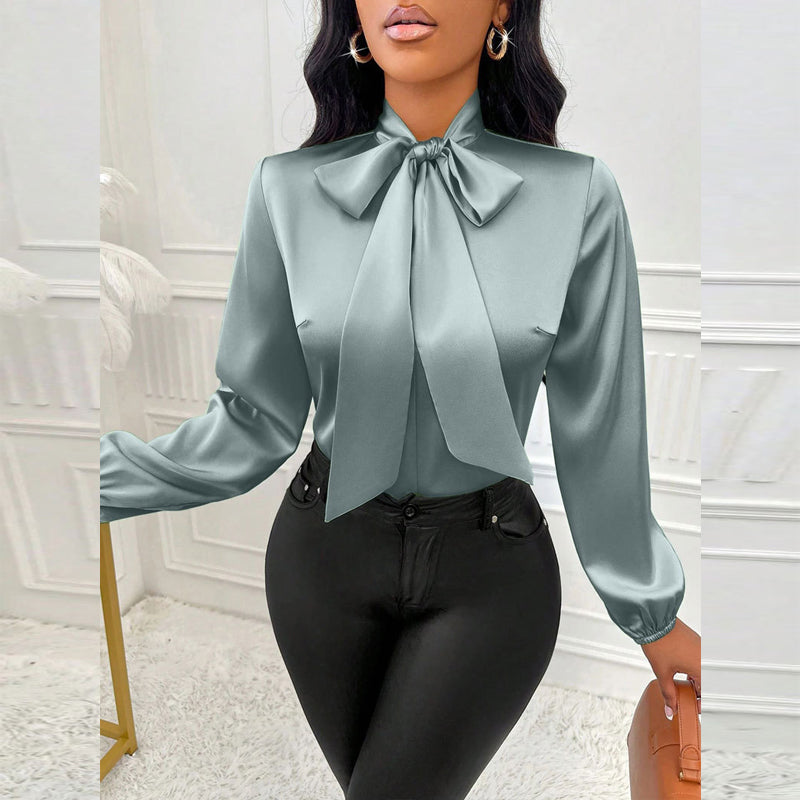 Women's Elegant Satin Blouse With Tie Neck, Ruffle Detail Long Sleeve Pullover For Spring And Fall Formal Wear