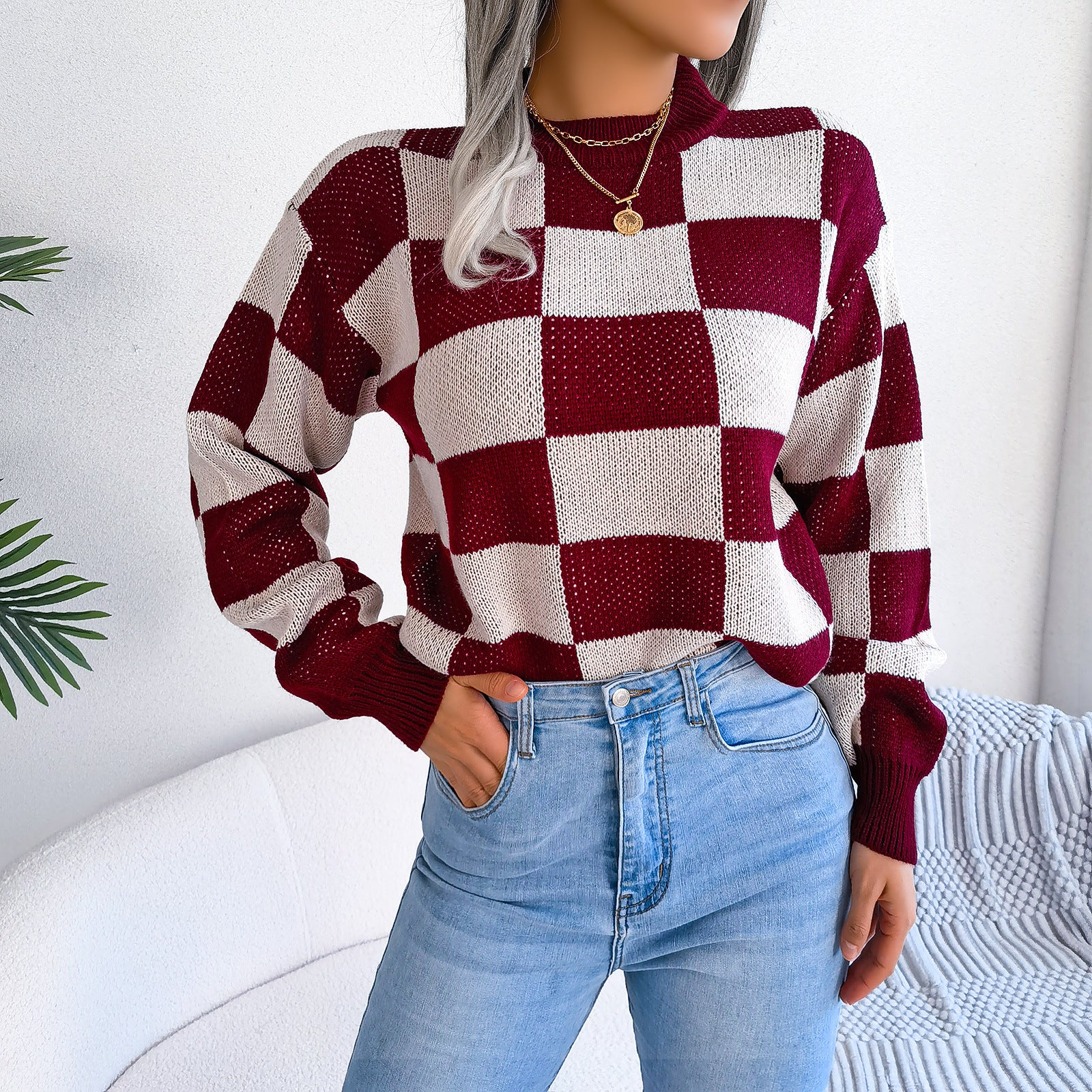 Women's Checkered Crewneck Sweater - 2025 Spring Fall Fashion Loose Pullover Top