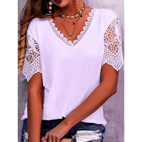 Lace Paneled Loose V-Neck Short Sleeves For Women