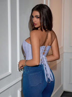 Corset Tops For Women Lace Up Overbust Corset Bustier Strapless Sexy Going Out Crop Top