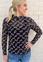 Black Game Day Rugby Mesh Sheer Long Sleeve Top