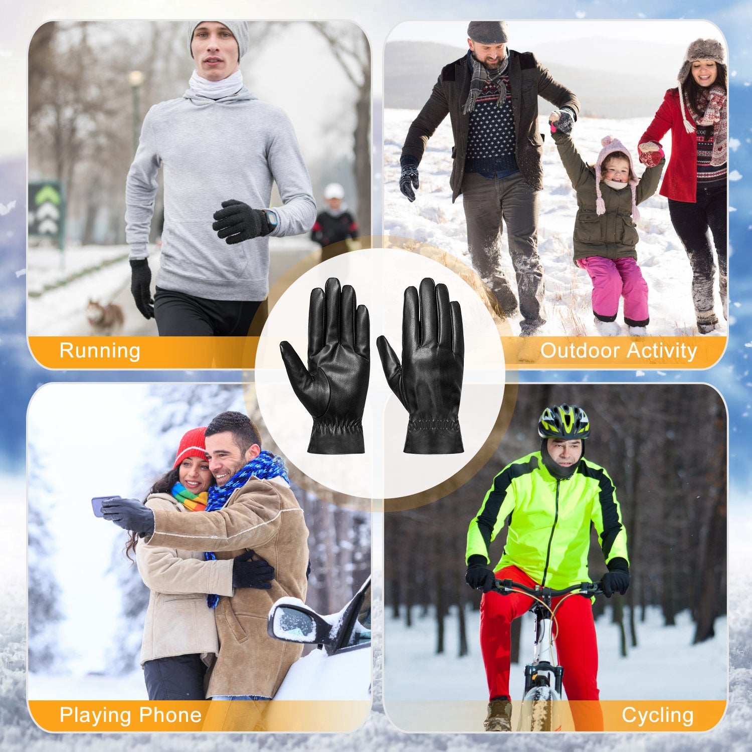 1Pair Unisex Black Leather Gloves Winter Warm Windproof High Quality Soft Gloves Outdoor Cycling Skiing Running Motorbike Gloves