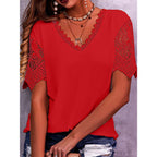 Lace Paneled Loose V-Neck Short Sleeves For Women