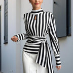 Elegant Women's Striped Tie-Waist Blouse, High Neck Long Sleeve Shirt With Cut-Out Detail