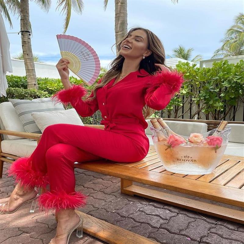 Ladies Solid Color Suit Lapel Top Feather Trousers