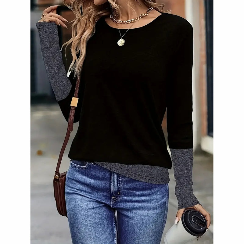 Women's Color Block Crewneck Tee, Long Sleeve Casual Basic Top