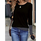 Women's Color Block Crewneck Tee, Long Sleeve Casual Basic Top