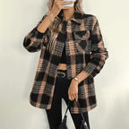Women's Plaid Fleece Lined Jacket, Thickened Lapel Collar Long Sleeve Coat With Chest Pocket