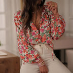 Women's Casual Boho Floral Print V Neck Long Sleeve Drawstring Tops Loose Blouses Button Down Shirts