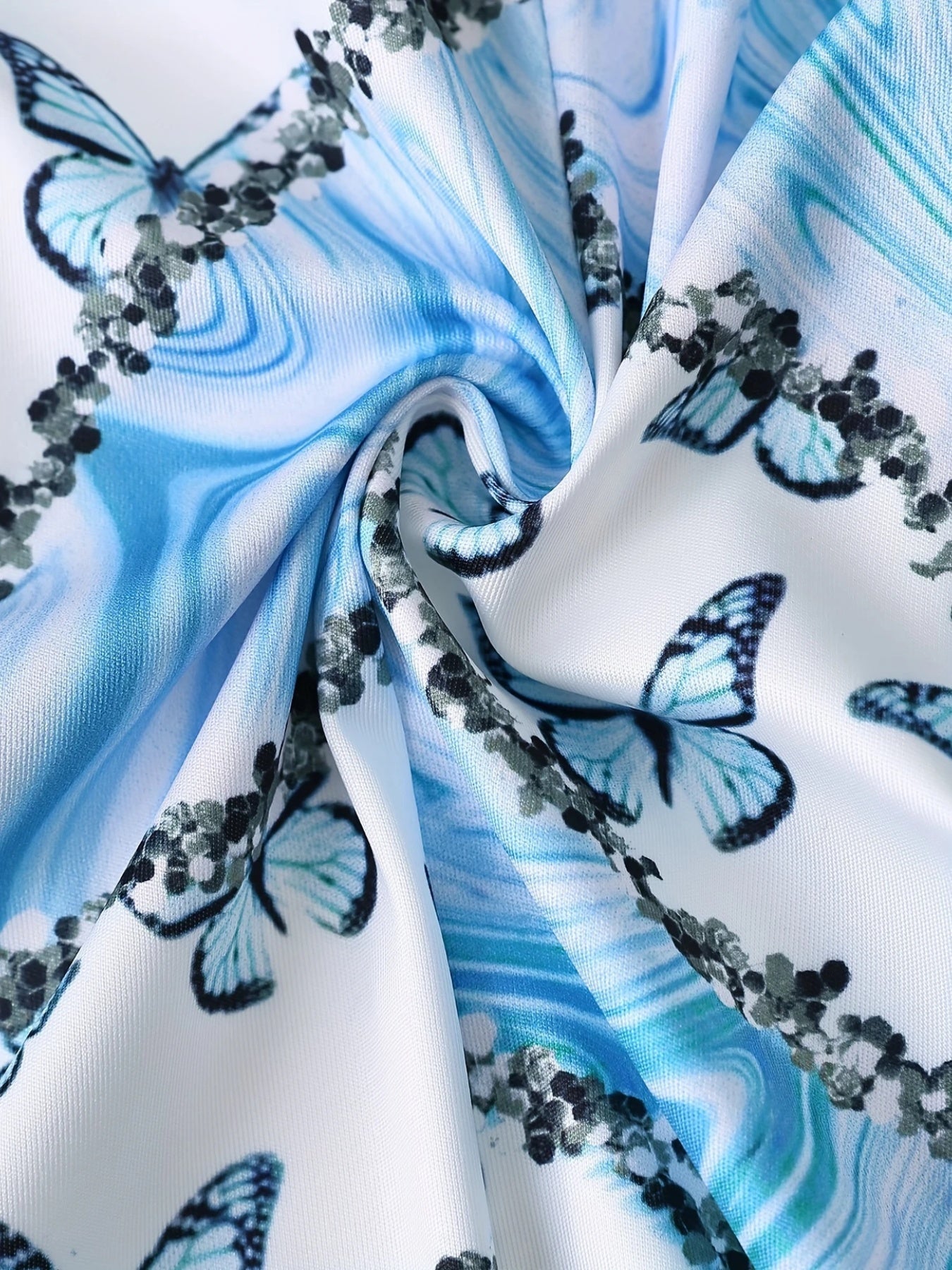 2025 New Elegant And Fashionable Two-piece Set, Featuring A Blue Butterfly Marble Gradient Print Lapel Double Breasted Long Sleeved Suit Jacket And Solid Color High Waisted Slim Pants, To Be Your Own