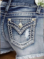 2025 Women's Denim Shorts, Ripped Jeans, Frayed Hem Design, Built-in Zipper Closure, Tight Fitting Denim Shorts
