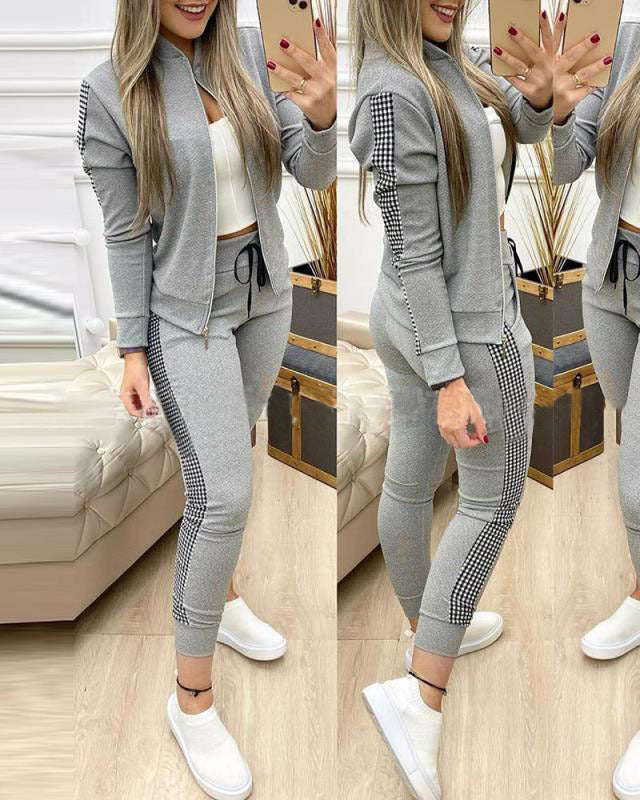 Casual Zipper Stitching Plaid Suit Women's Suit