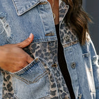 Women's Cropped Distressed Denim Jacket Ripped Button Down Jean Jacket Long Sleeve Casual Streetwear Coat