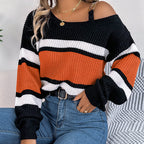 Women's Cold Shoulder Sweater - Fall Color Block Long Sleeve Pullover