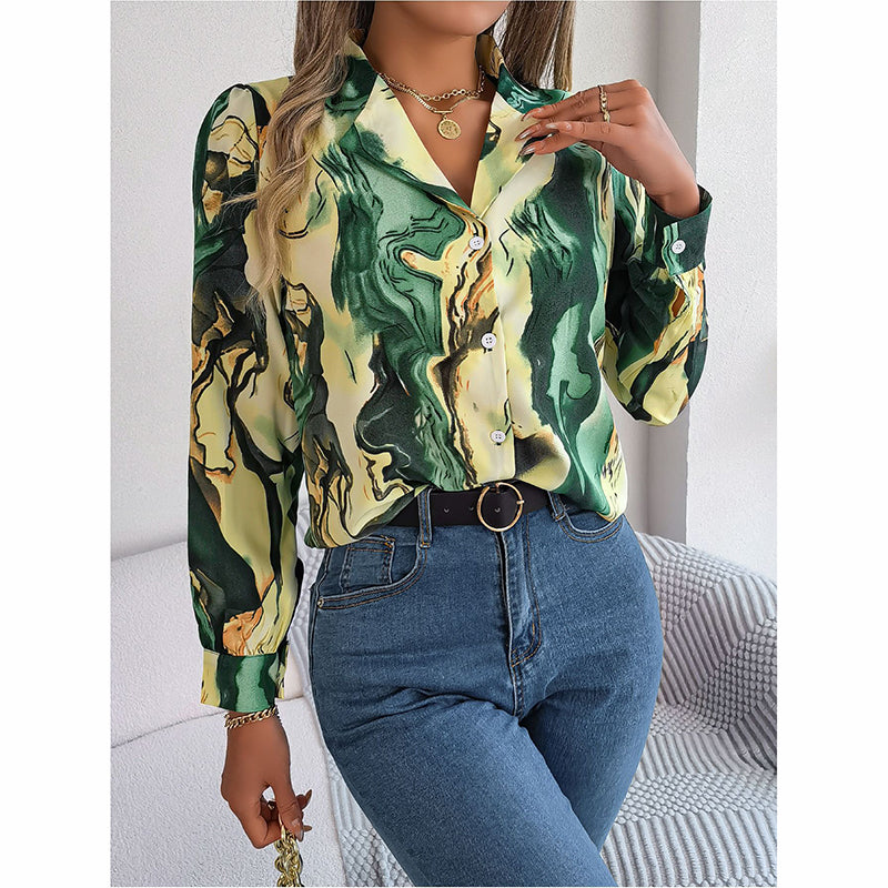 Women Fashion Button Down Shirts V Neck Printed Long Sleeve Blouses Dressy Casual Fall Tops