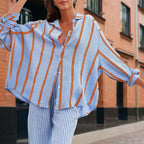 Women's Casual Striped Button-Down Shirt With Drop Sleeves Comfortable Loose-Fit Long Sleeve Top For Spring & Fall
