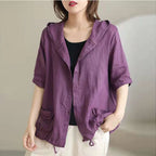 Women's Large Loose Vintage Cotton And Linen Casual Thin Hooded Cardigan